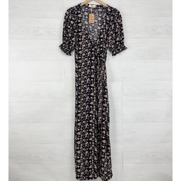 Natural Life Sophia Wrap Midi Dress Size Medium Black Leaf Print Boho Elegant - Picture 2 of 16